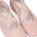 SOFT SUEDE leather Girl Ballet flat shoes dancer style with elastic bands.