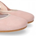 SOFT SUEDE leather Girl Ballet flat shoes dancer style with elastic bands.