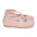 SOFT SUEDE leather Girl Ballet flat shoes dancer style with elastic bands.