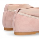 SOFT SUEDE leather Girl Ballet flat shoes dancer style with elastic bands.