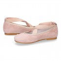 SOFT SUEDE leather Girl Ballet flat shoes dancer style with elastic bands.