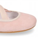 SOFT SUEDE leather Girl Ballet flat shoes dancer style with elastic bands.
