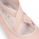 SOFT SUEDE leather Girl Ballet flat shoes dancer style with elastic bands.