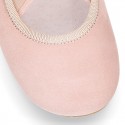 SOFT SUEDE leather Girl Ballet flat shoes dancer style with elastic bands.