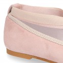 SOFT SUEDE leather Girl Ballet flat shoes dancer style with elastic bands.