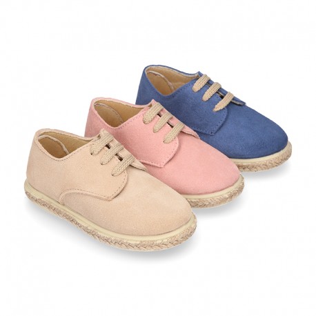 Suede leather kids Laces up style espadrille shoes.