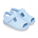 Terry cloth kids Home shoes T-STRAP style with hook and loop strap.