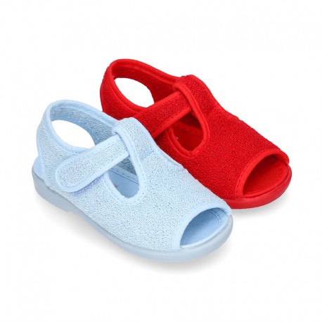 Terry cloth kids Home shoes T-STRAP style with hook and loop strap.