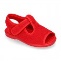 Terry cloth kids Home shoes T-STRAP style with hook and loop strap.