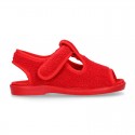 Terry cloth kids Home shoes T-STRAP style with hook and loop strap.