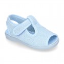 Terry cloth kids Home shoes T-STRAP style with hook and loop strap.