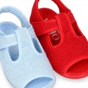 Terry cloth kids Home shoes T-STRAP style with hook and loop strap.