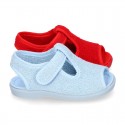 Terry cloth kids Home shoes T-STRAP style with hook and loop strap.