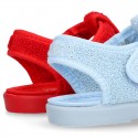 Terry cloth kids Home shoes T-STRAP style with hook and loop strap.