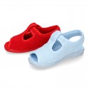 Terry cloth kids Home shoes T-STRAP style with hook and loop strap.