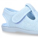 Terry cloth kids Home shoes T-STRAP style with hook and loop strap.