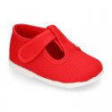 Cotton canvas little T-Strap shoes with hook and loop closure for babies.