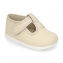 Cotton canvas little T-Strap shoes with hook and loop closure for babies.