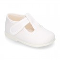 Cotton canvas little T-Strap shoes with hook and loop closure for babies.