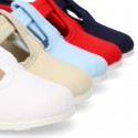 Cotton canvas little T-Strap shoes with hook and loop closure for babies.