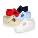 Cotton canvas little T-Strap shoes with hook and loop closure for babies.