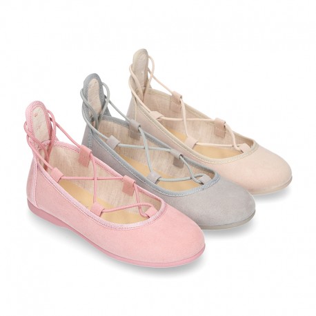 Spring summer canvas Ballet flats dancer style with crossed ribbons.