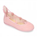 Spring summer canvas Ballet flats dancer style with crossed ribbons.