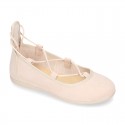 Spring summer canvas Ballet flats dancer style with crossed ribbons.