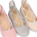 Spring summer canvas Ballet flats dancer style with crossed ribbons.