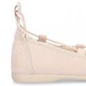 Spring summer canvas Ballet flats dancer style with crossed ribbons.