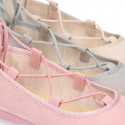 Spring summer canvas Ballet flats dancer style with crossed ribbons.