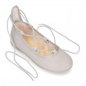 Spring summer canvas Ballet flats dancer style with crossed ribbons.