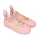 Spring summer canvas Ballet flats dancer style with crossed ribbons.