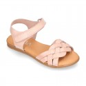 Nappa leather Braided sandal shoes for girls with hook and loop closure.