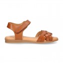 Nappa leather Braided sandal shoes for girls with hook and loop closure.