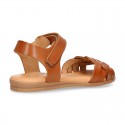 Nappa leather Braided sandal shoes for girls with hook and loop closure.