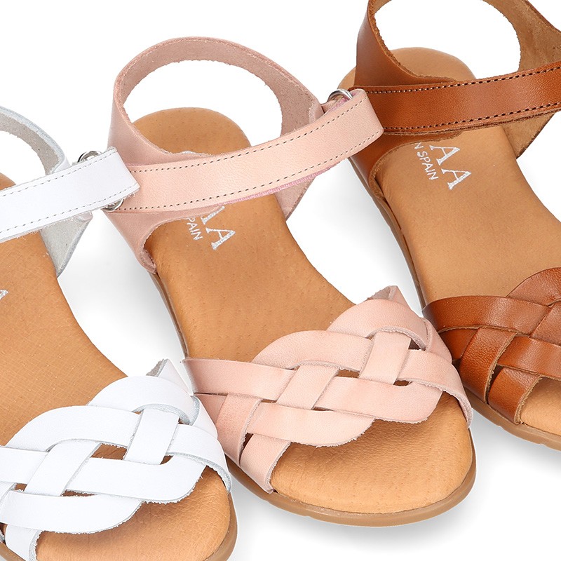 Nappa leather Braided sandal shoes for girls with hook and loop closure ...