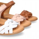 Nappa leather Braided sandal shoes for girls with hook and loop closure.