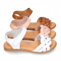 Nappa leather Braided sandal shoes for girls with hook and loop closure.