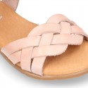 Nappa leather Braided sandal shoes for girls with hook and loop closure.