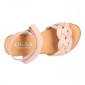 Nappa leather Braided sandal shoes for girls with hook and loop closure.