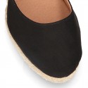 Women soft cotton wedge sandal espadrilles in BLACK color.