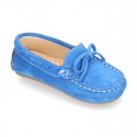 Suede leather Moccasin shoes with bows and driver type Outsole for little kids.