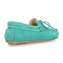 Suede leather Moccasin shoes with bows and driver type Outsole for little kids.