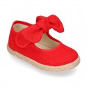 Cotton canvas espadrille shoes little Mary Jane style with hook and loop strap and bow.