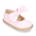 Cotton canvas espadrille shoes little Mary Jane style with hook and loop strap and bow.