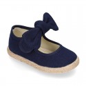 Cotton canvas espadrille shoes little Mary Jane style with hook and loop strap and bow.