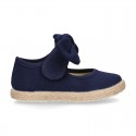 Cotton canvas espadrille shoes little Mary Jane style with hook and loop strap and bow.