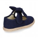 Cotton canvas espadrille shoes little Mary Jane style with hook and loop strap and bow.