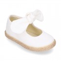 Cotton canvas espadrille shoes little Mary Jane style with hook and loop strap and bow.